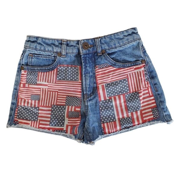 Denim Cut Off Shorts Forever 21 American Flag Red White Blue Distressed 24 NEW - Picture 1 of 4